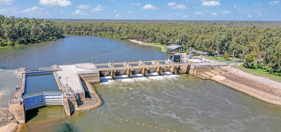 Aerial view of Torrumbarry Weir on the Murray River, with the lock and spillway near Torrumbarry Weir Holiday Park, Patho VIC