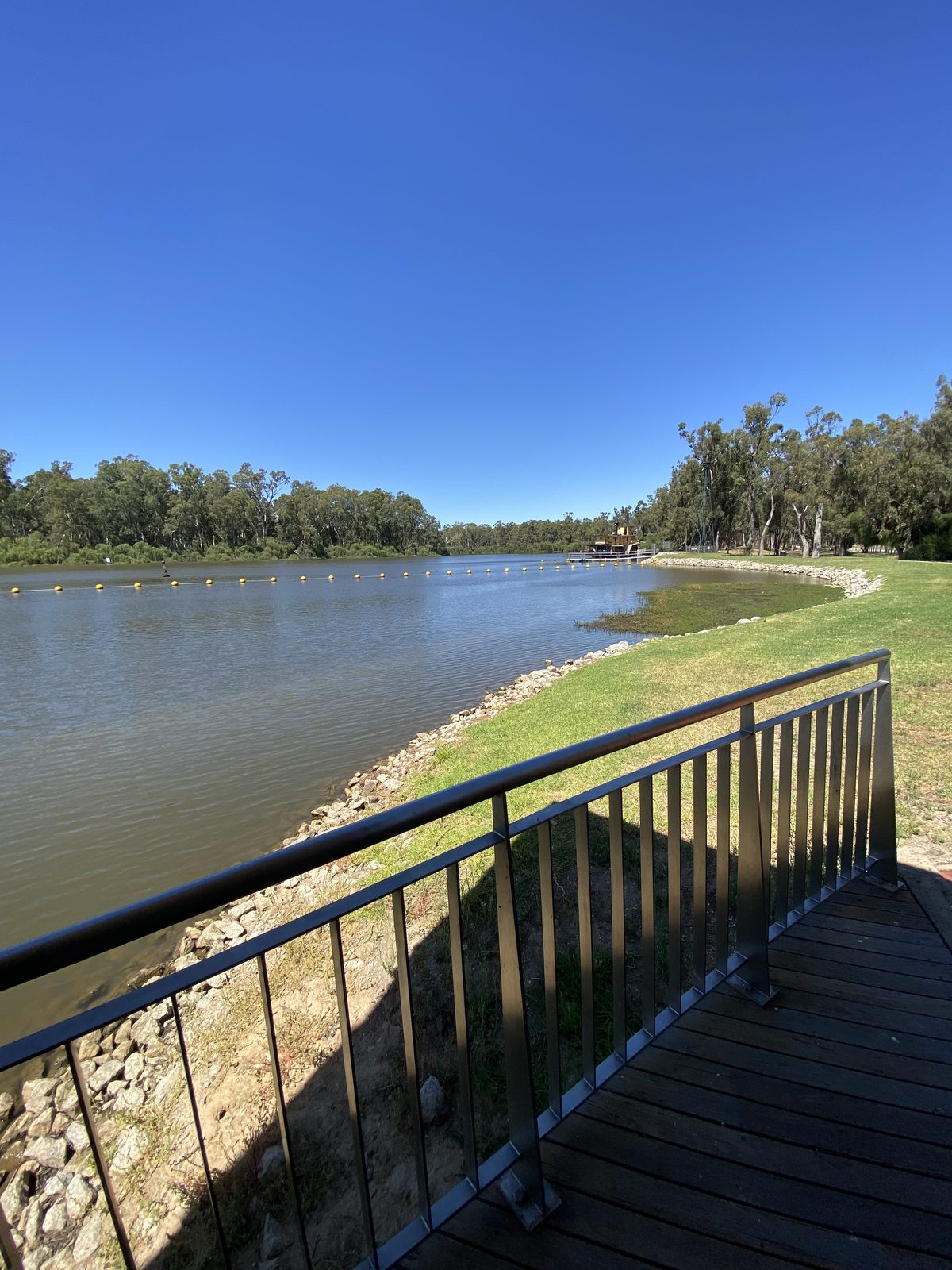 Murray river curving past grassy banks from the lookout deck at Torrumbarry Weir Holiday Park