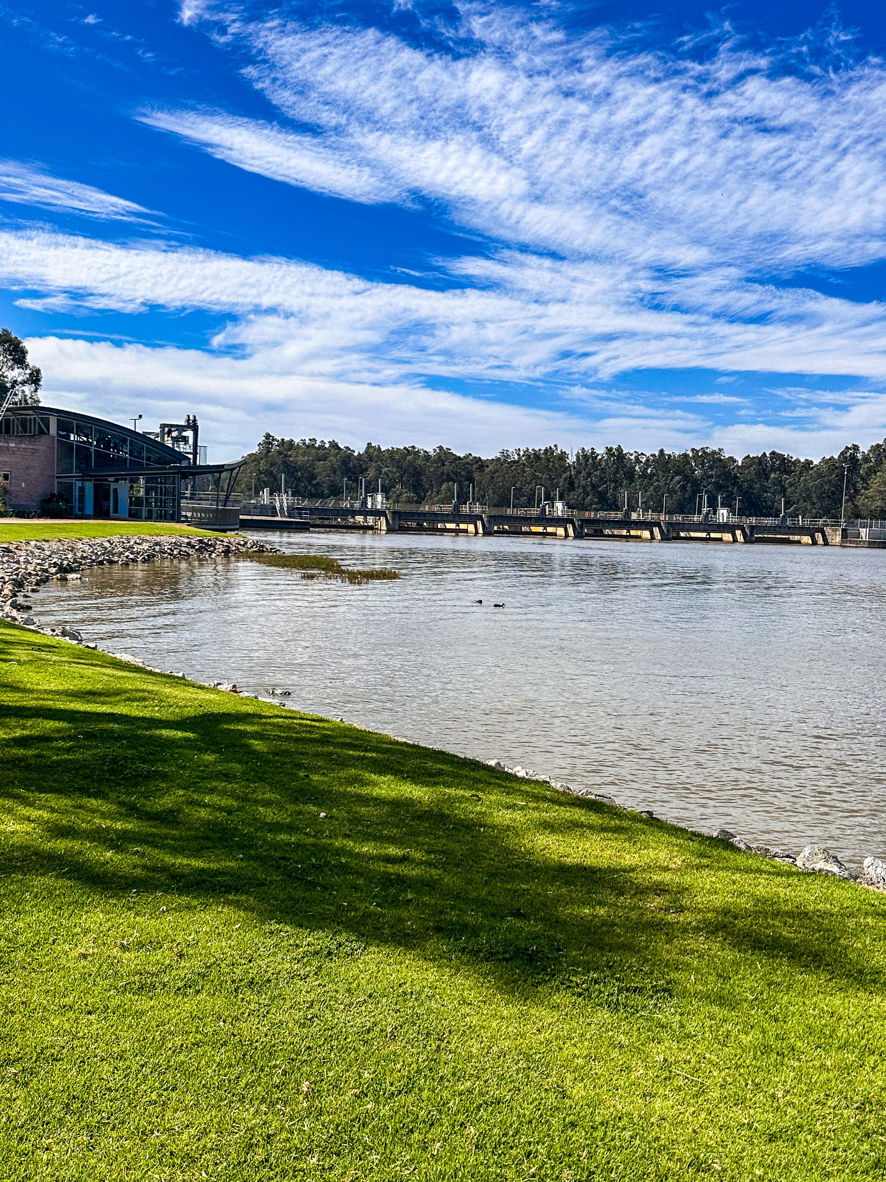 Green lawn sloping down to the Torrumbarry Weir on the Murray River at Torrumbarry Weir Holiday Park, Patho VIC