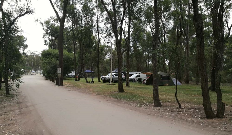 Unpowered camping sites among gum trees at Torrumbarry Weir Holiday Park, with tents, a caravan and cars parked on the grass beside a gravel road
