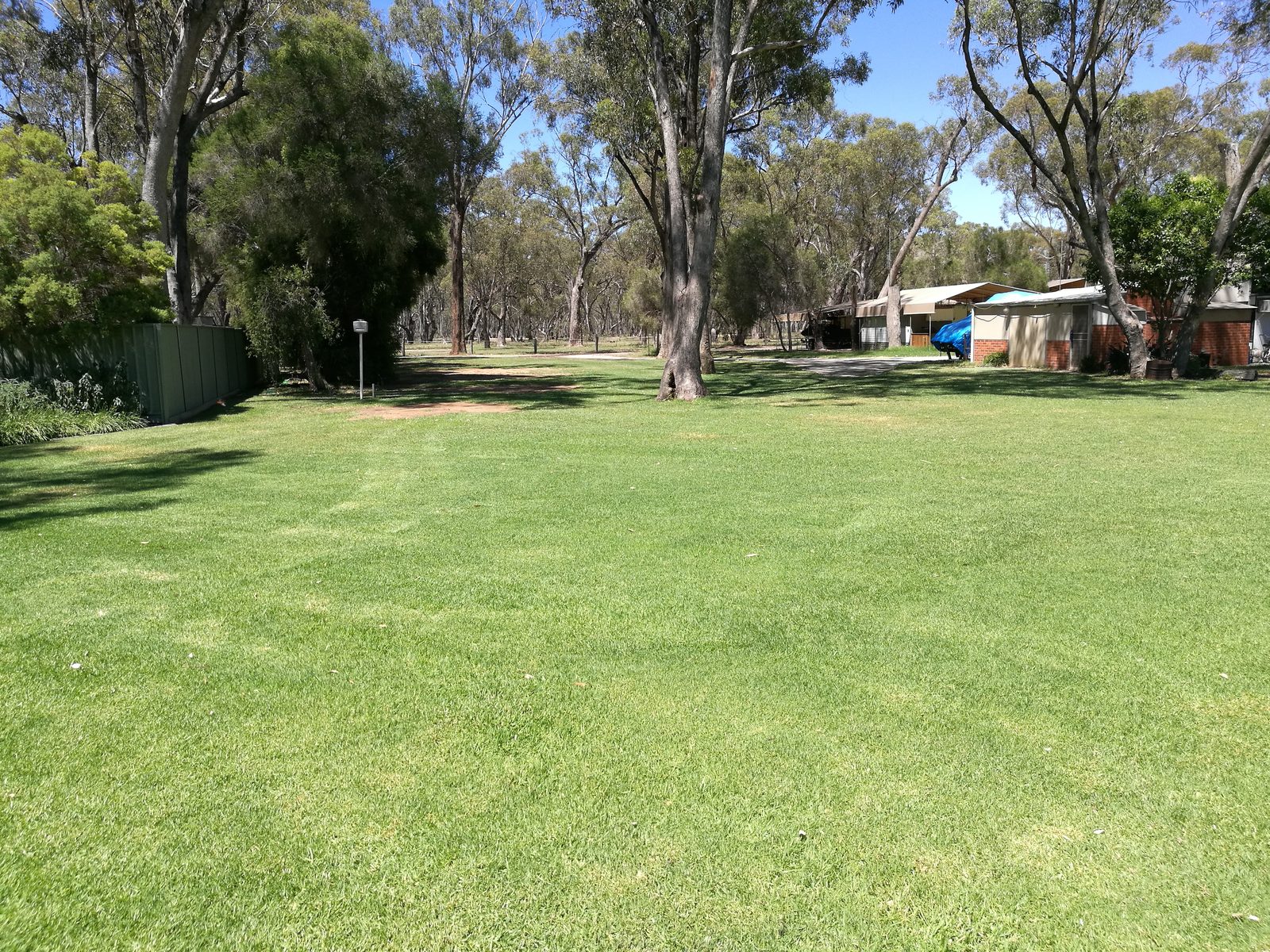 Wide open grassy lawn shaded by tall gum trees at Torrumbarry Weir Holiday Park caravan park in Patho VIC